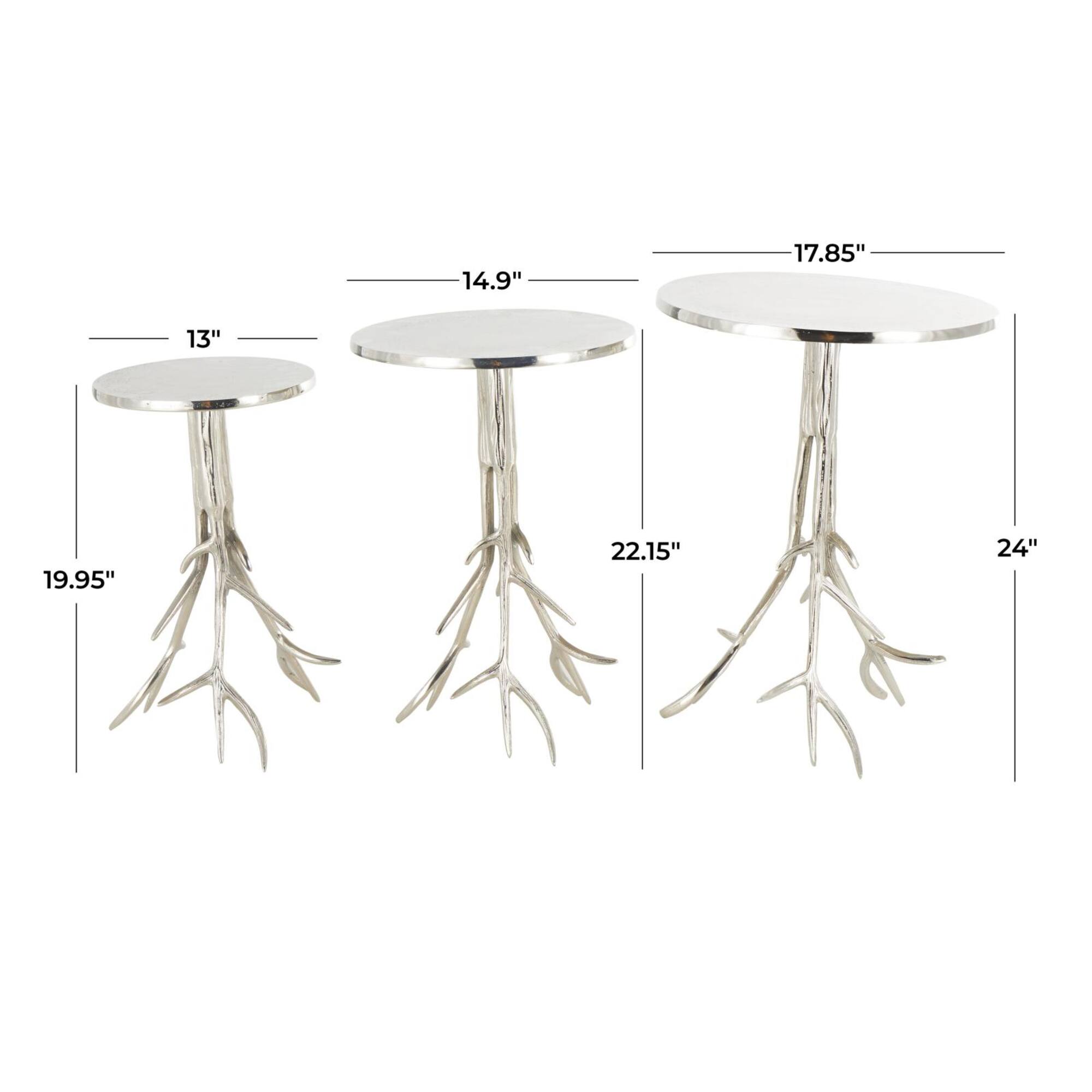 Silver Metal Side End Accent Table with Textured Tree Branch Legs Set